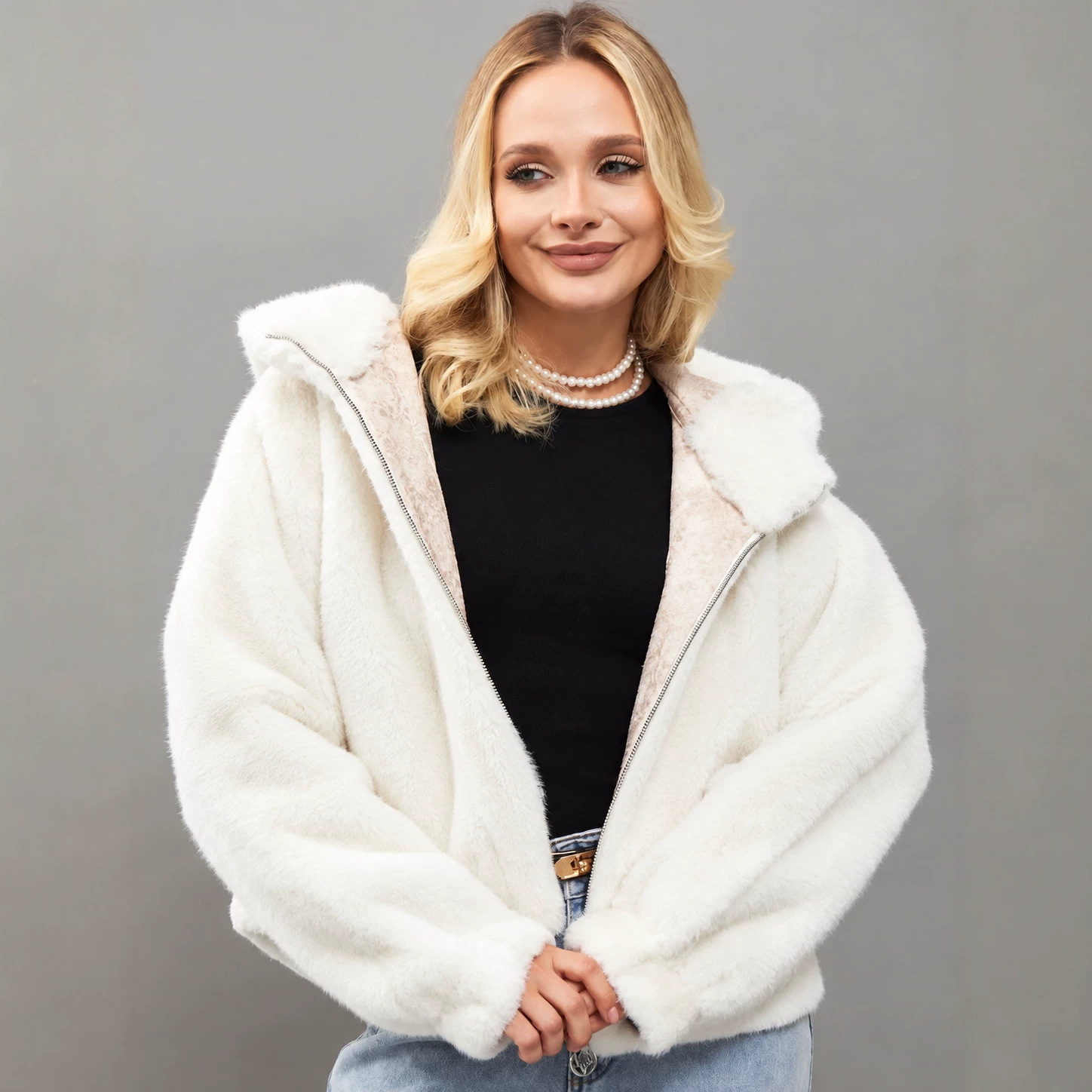 Women's Faux Fur Hooded Zip Coat Loose Warm