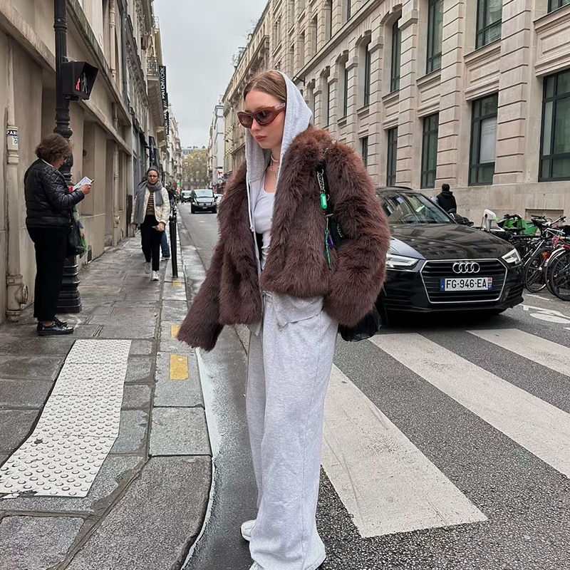 Solid Color Faux Fur Cropped Coat with Lapel Collar