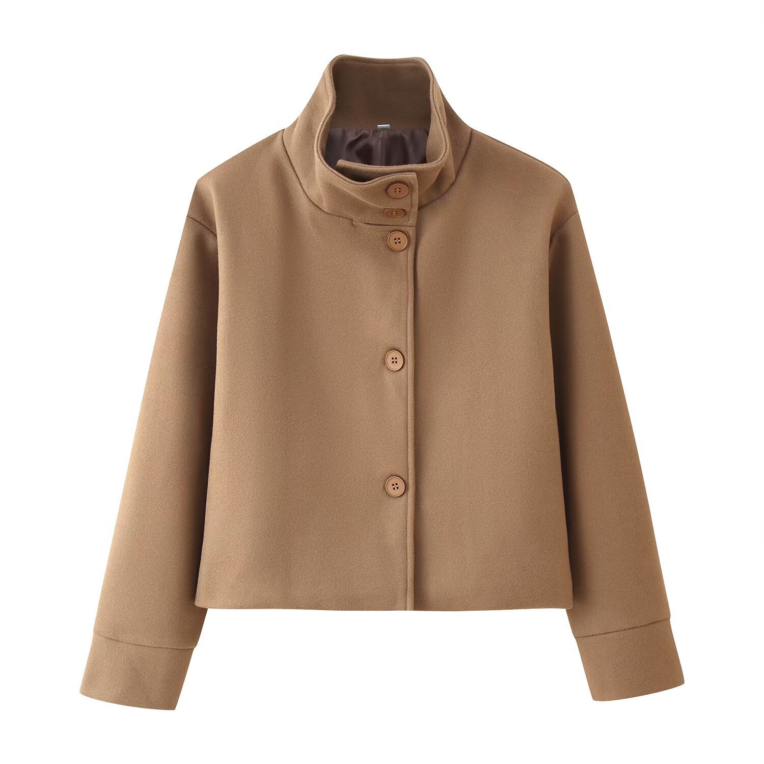 Women's Stand Collar Button-Up Cropped Loose Woolen Coat