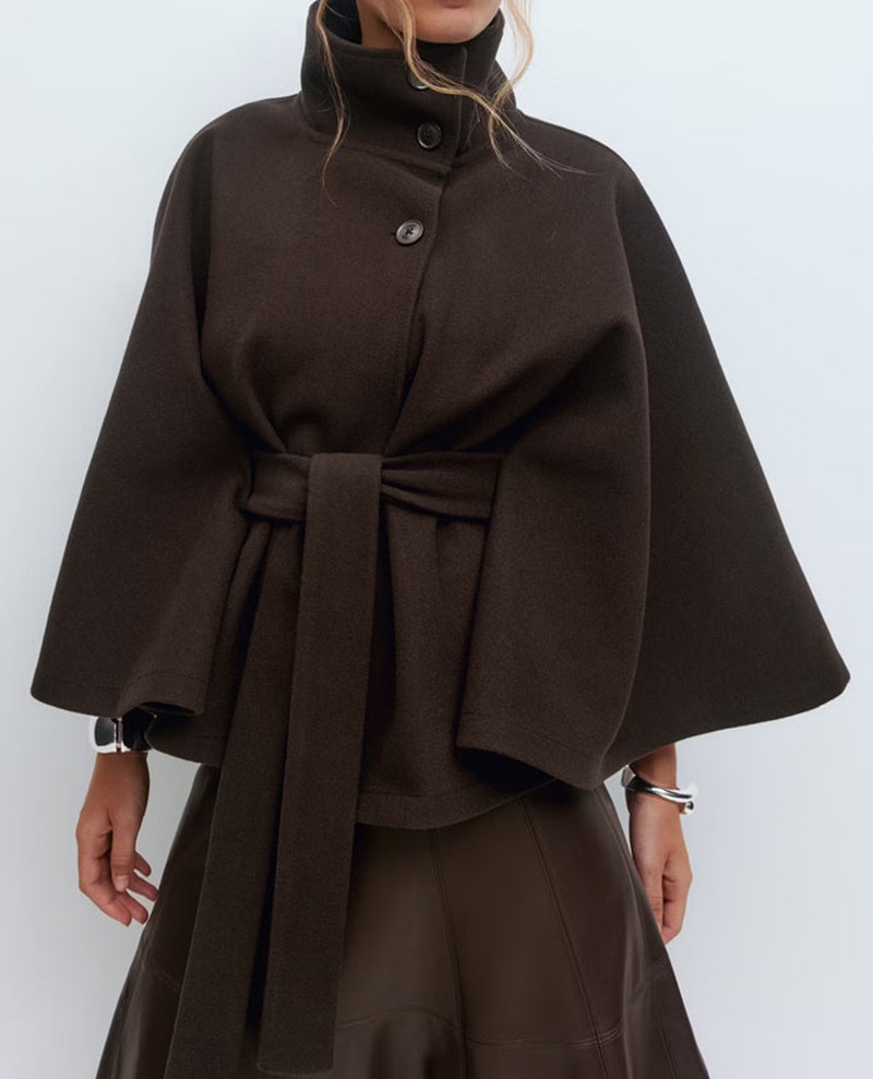 Women's Solid Color Wool-Blend Cape Coat with Stand Collar and Belt