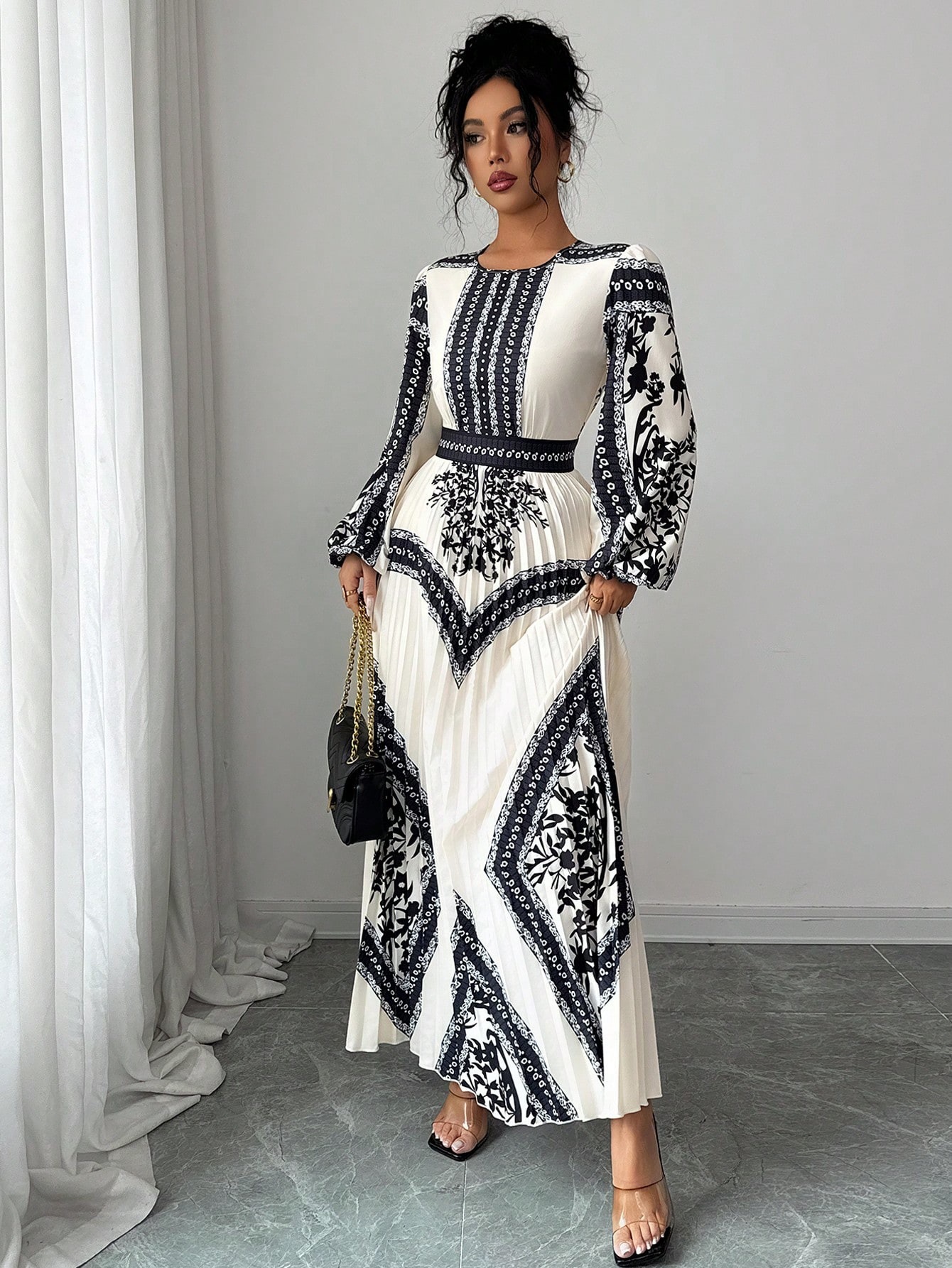 Black and White Print Pleated Dress with Cinched Waist and Bell Sleeves