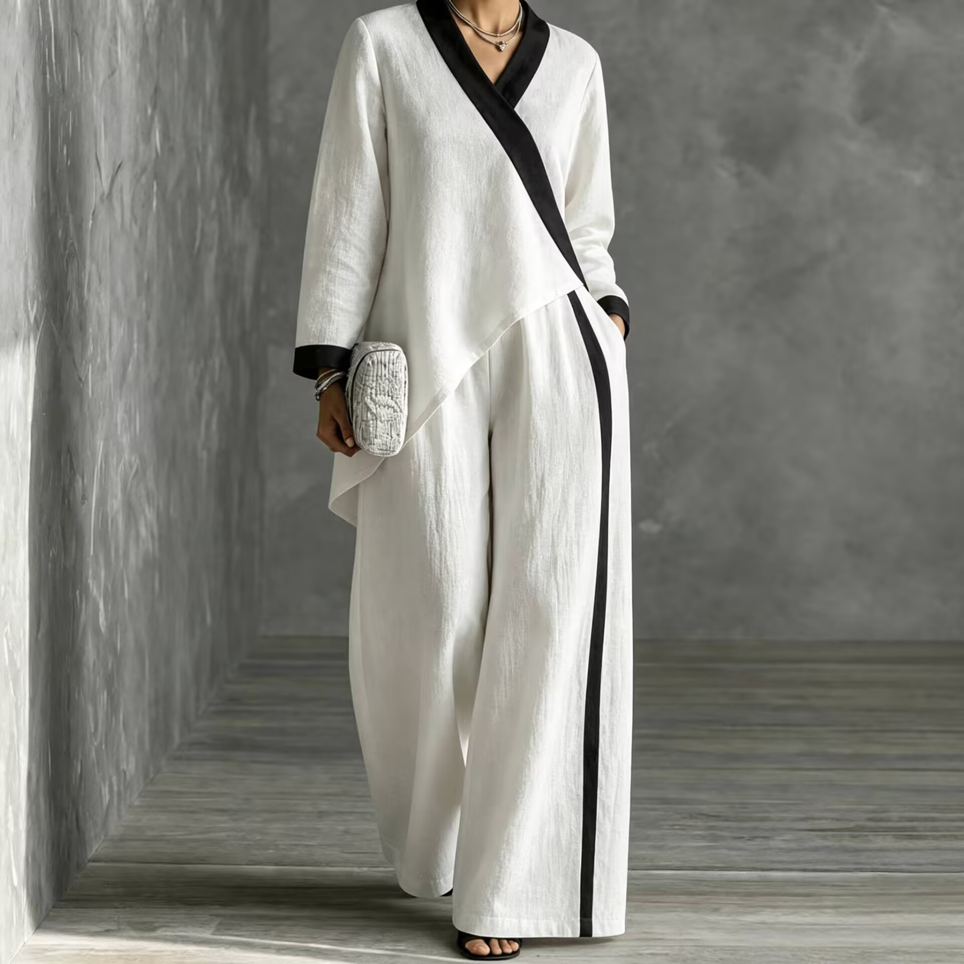 2026 Fall Cross-Border European and American Women's Fashion Color-Block V-Neck Asymmetrical Top Wide-Leg Pants Loose Casual Set