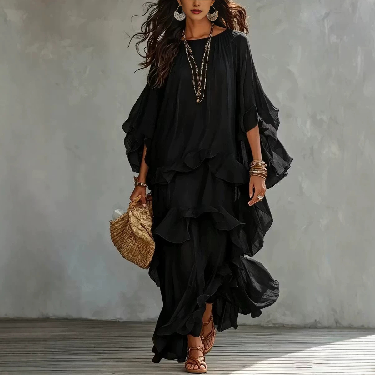 Bohemian Ruffle Long Dress Women's Loose Elegant A-Line Beach Vacation Dress