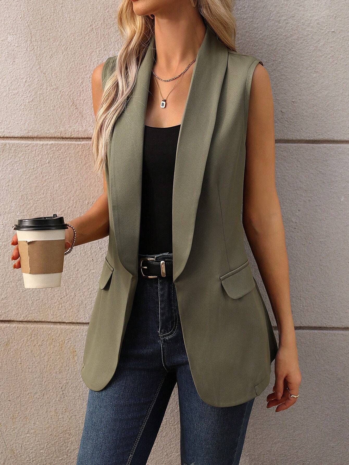Women's Sleeveless Vest Blazer with Lapel Collar Solid Color