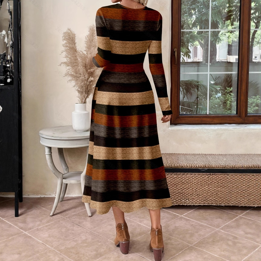 Women's Color Block Striped Long Sleeve Maxi Dress Casual A-Line