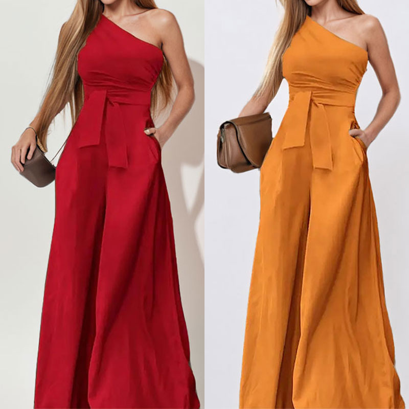 Women's Elegant V-Neck Wide-Leg Jumpsuit Solid Color Casual Commuter