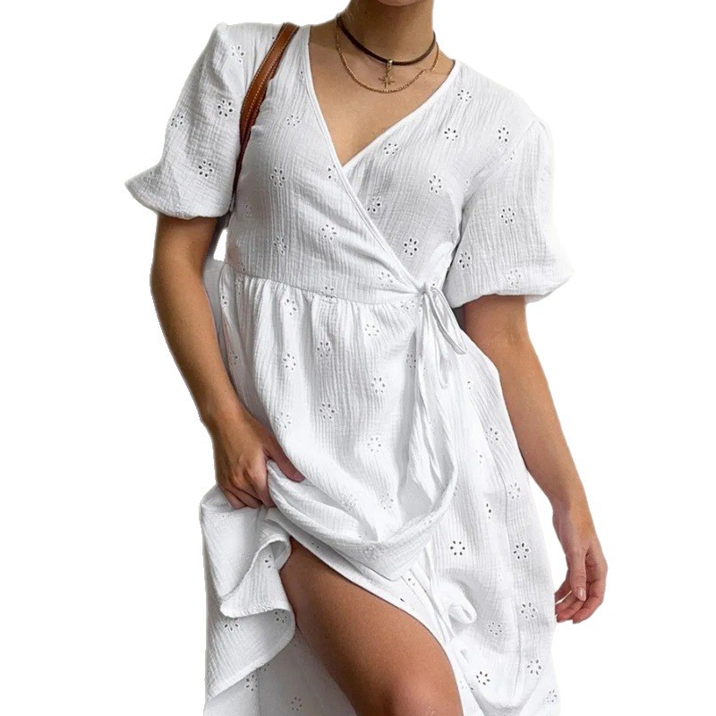 Deep V Bubble Sleeve A-Line Maxi Dress