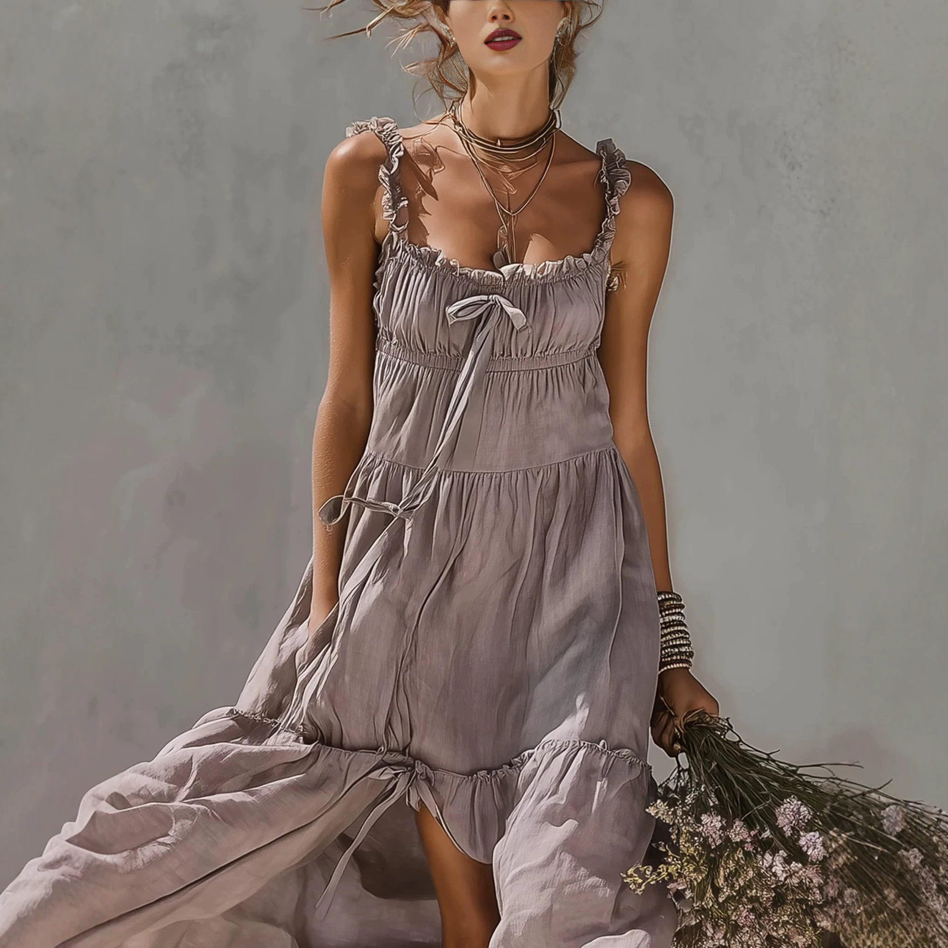 Ruffled Tie-Strap High-Waist Cutout Tiered Maxi Dress
