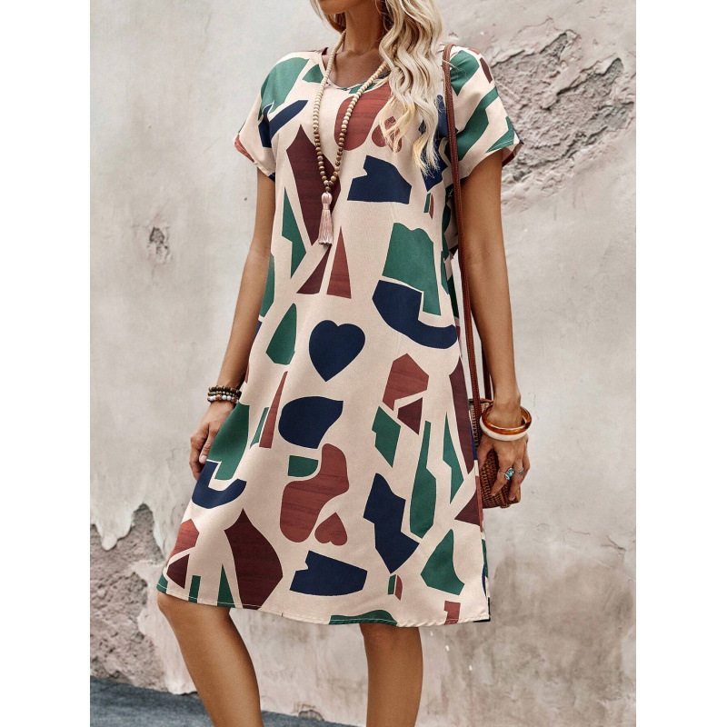 Women's V-Neck Geometric Print Short Sleeve Dress