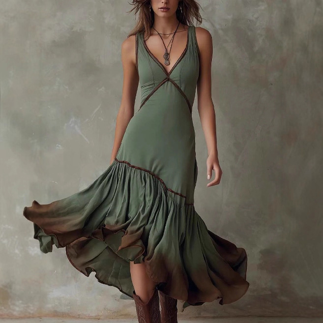 Bohemian Tie-Dye Ruffle Midi Dress