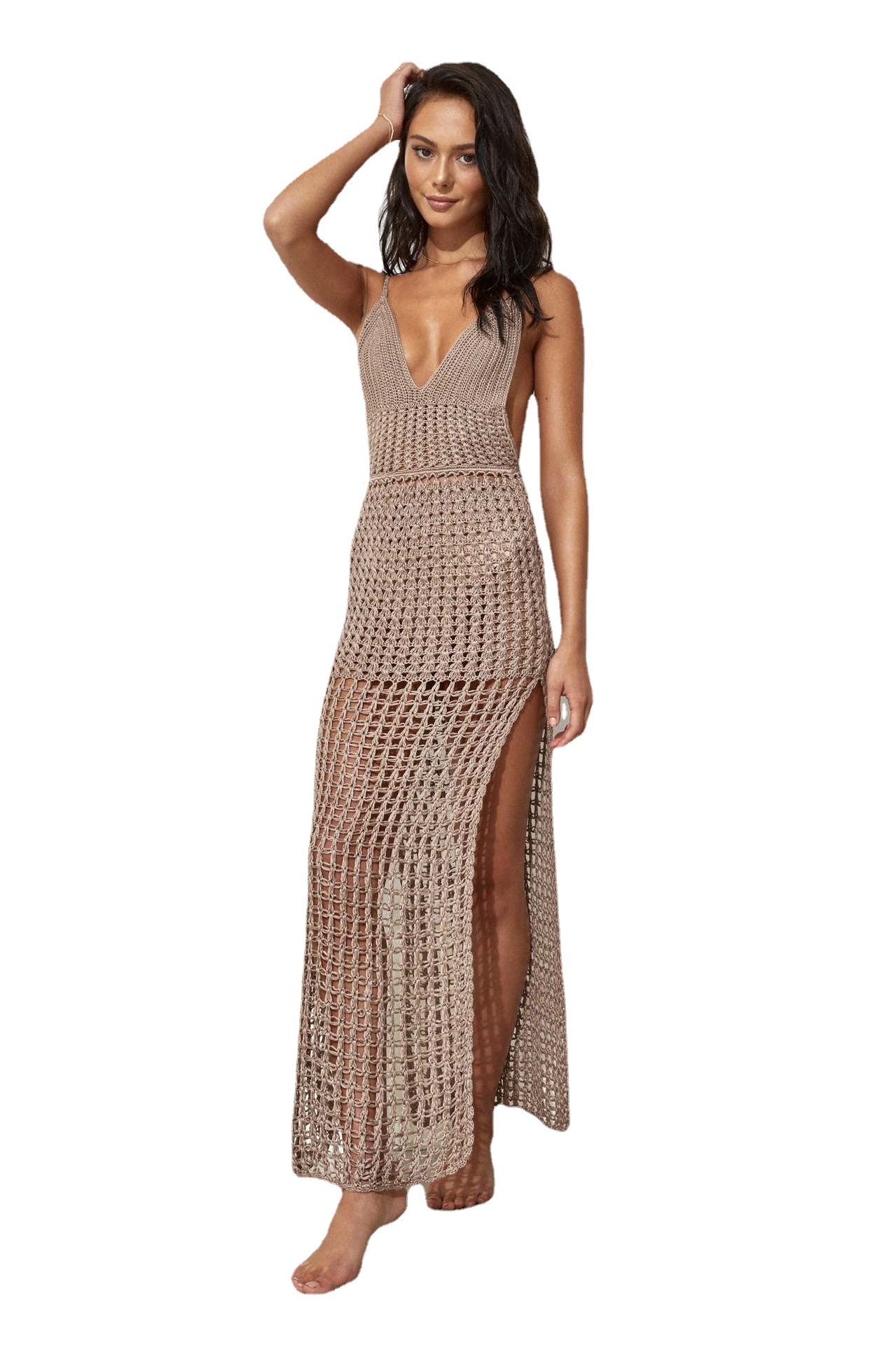 Hollow-Out Sun Protection Cover-Up Dress V-Neck Cami Low-Cut Open-Back Slit Midi Dress