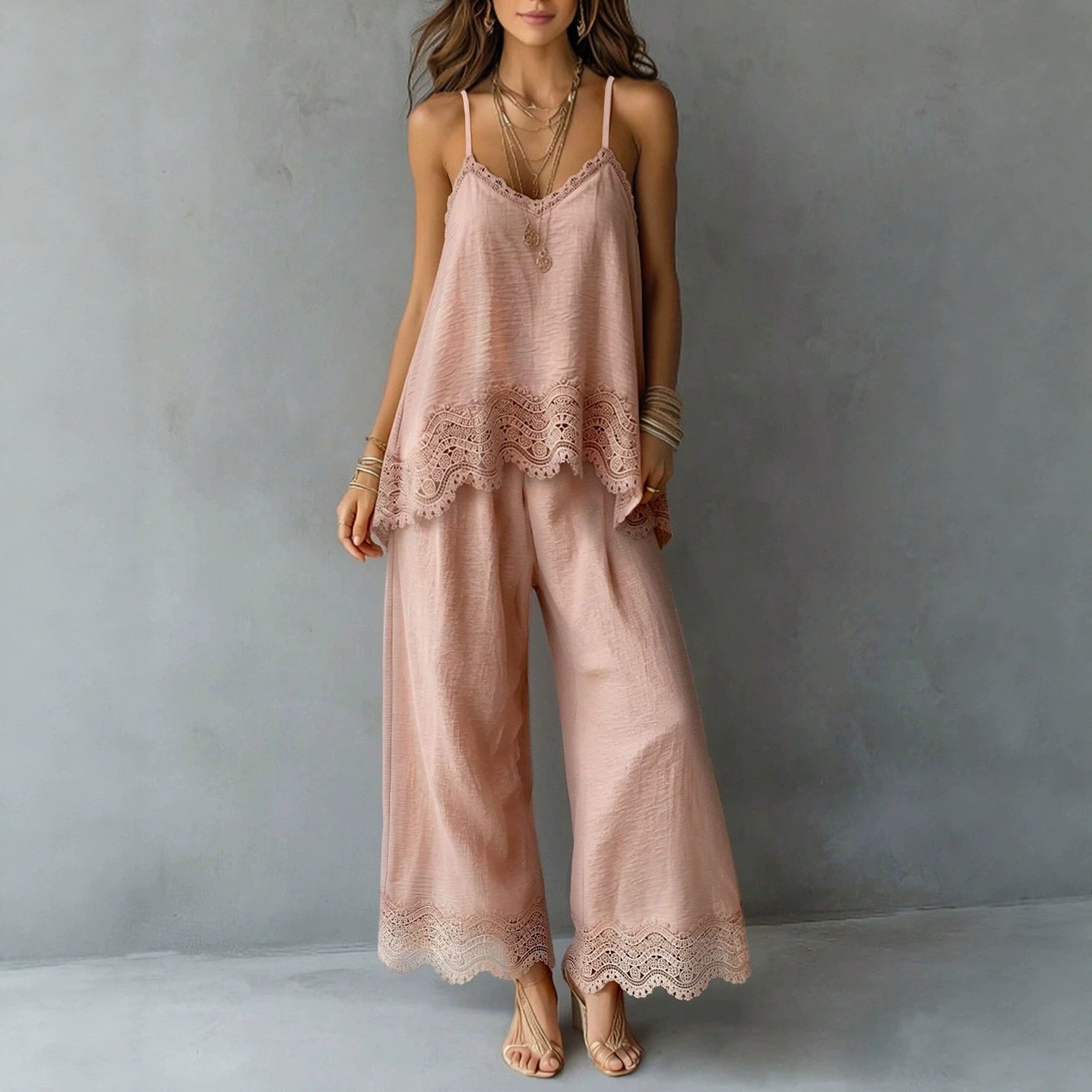 Women's Sleeveless Lace Tank Top and Pants Two-Piece Set Solid Color Casual