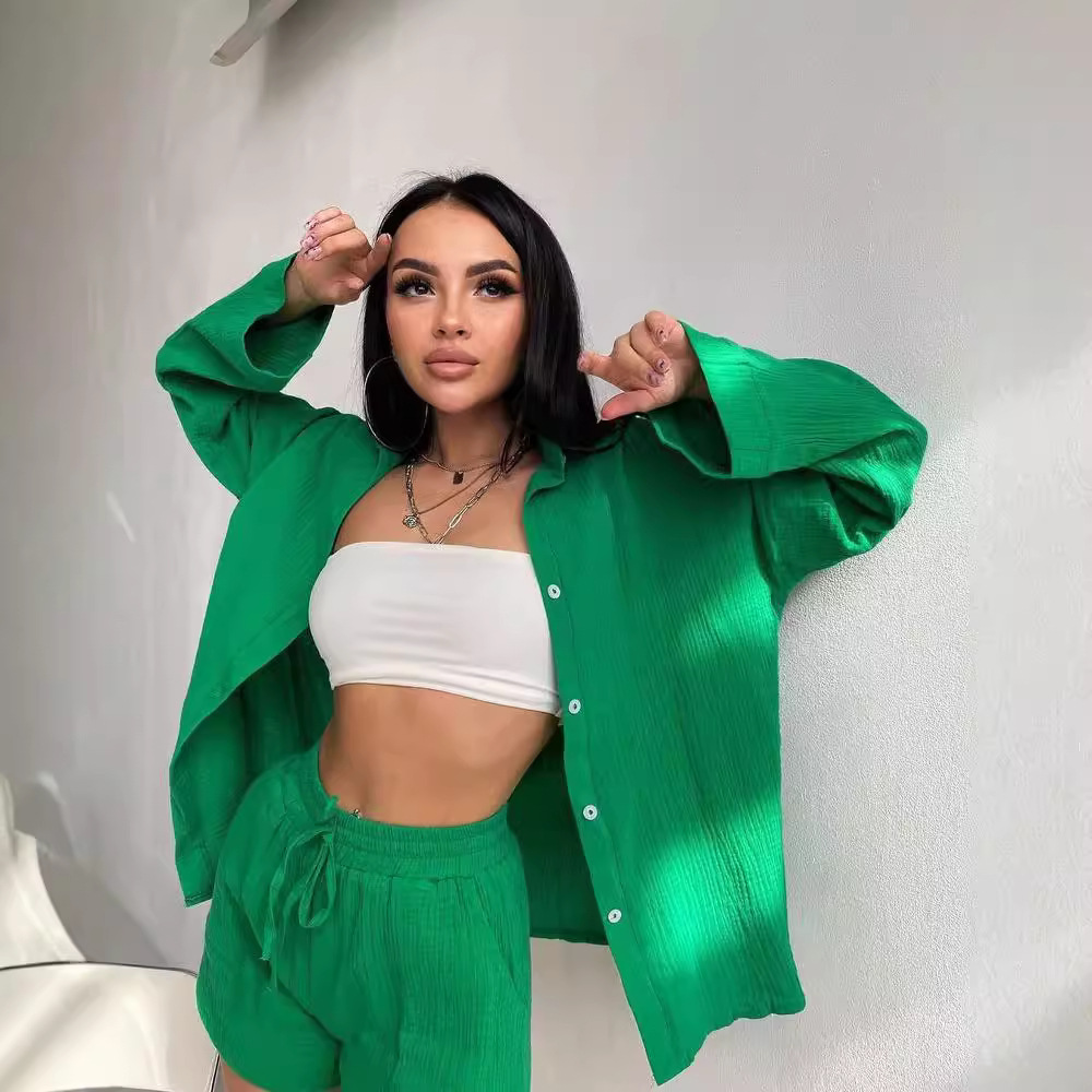 Women's Long Sleeve Button-Down Shirt and Shorts Set