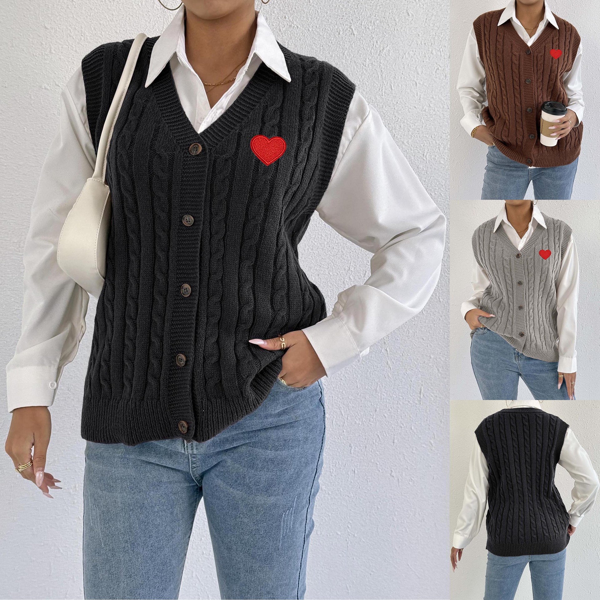 Women's Cable-Knit Cardigan Vest with 3D Floral Applique