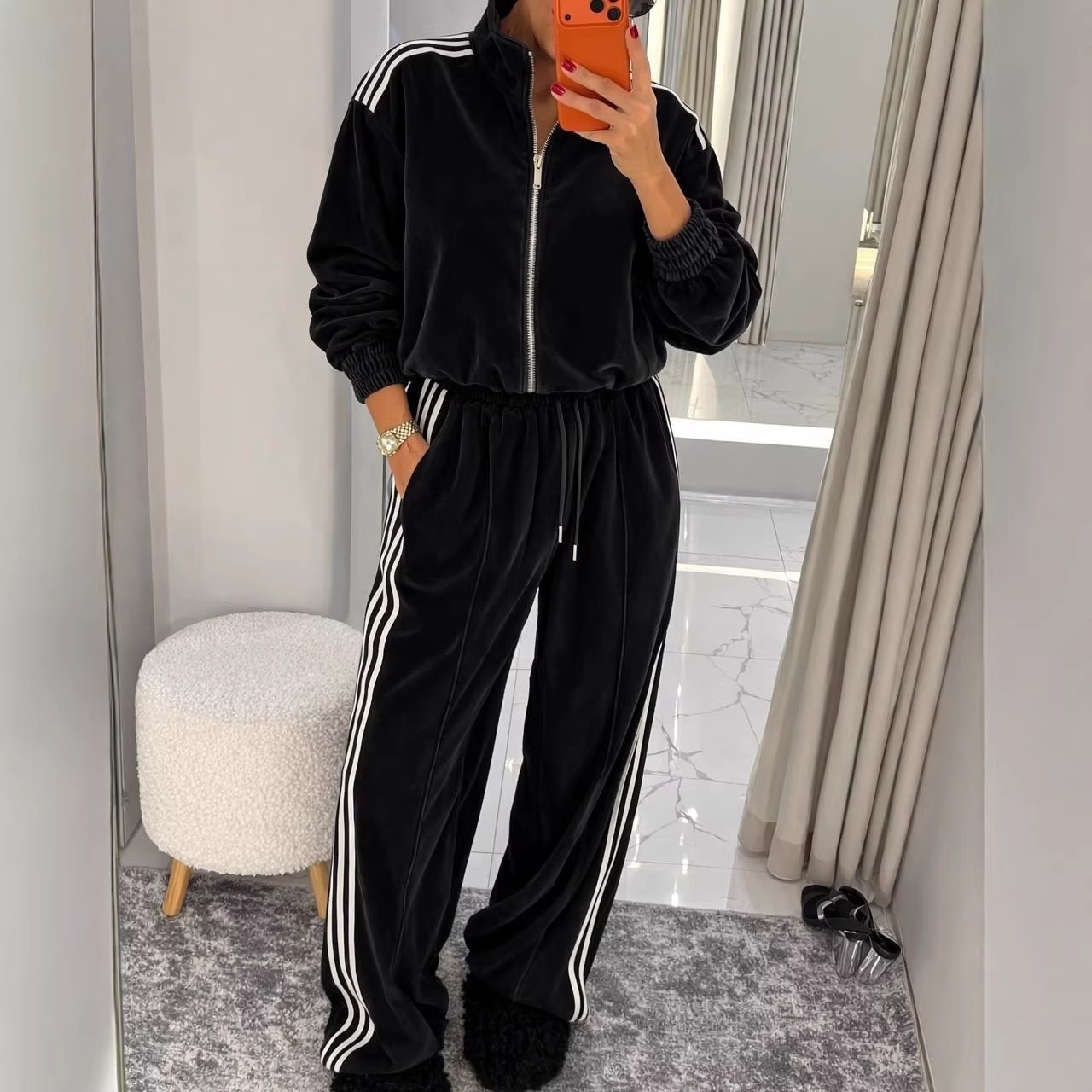 Women's Casual Two-Piece Set Long Sleeve Zip Cardigan and Tie-Waist Pants