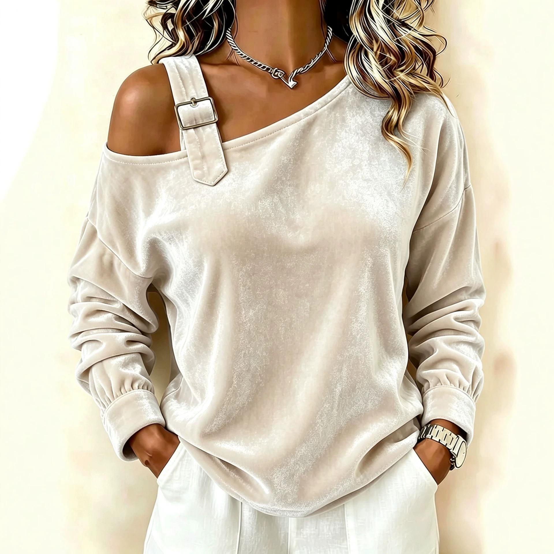 Women's Off-Shoulder Long-Sleeve Solid Color Loose Top