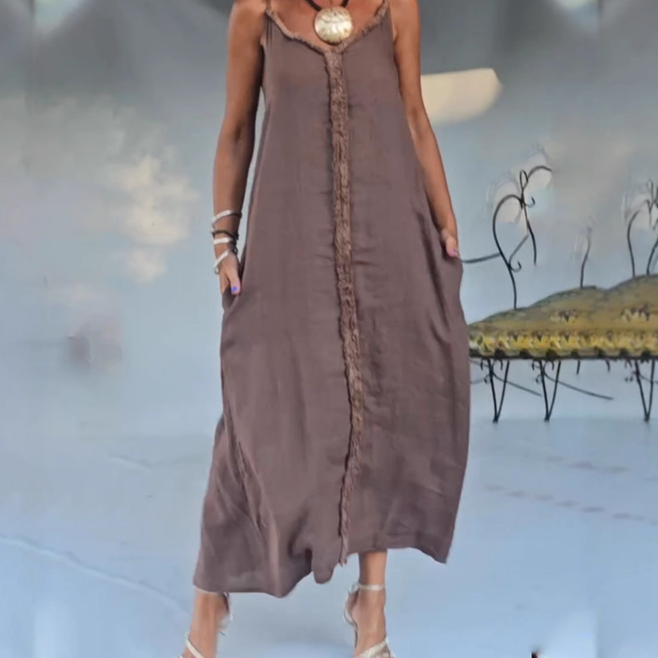 Women's Loose Casual Solid Color Sleeveless V-Neck Midi Dress