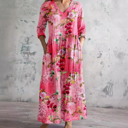 Women's Loose V-Neck Pocket Dress Casual A-Line Midi
