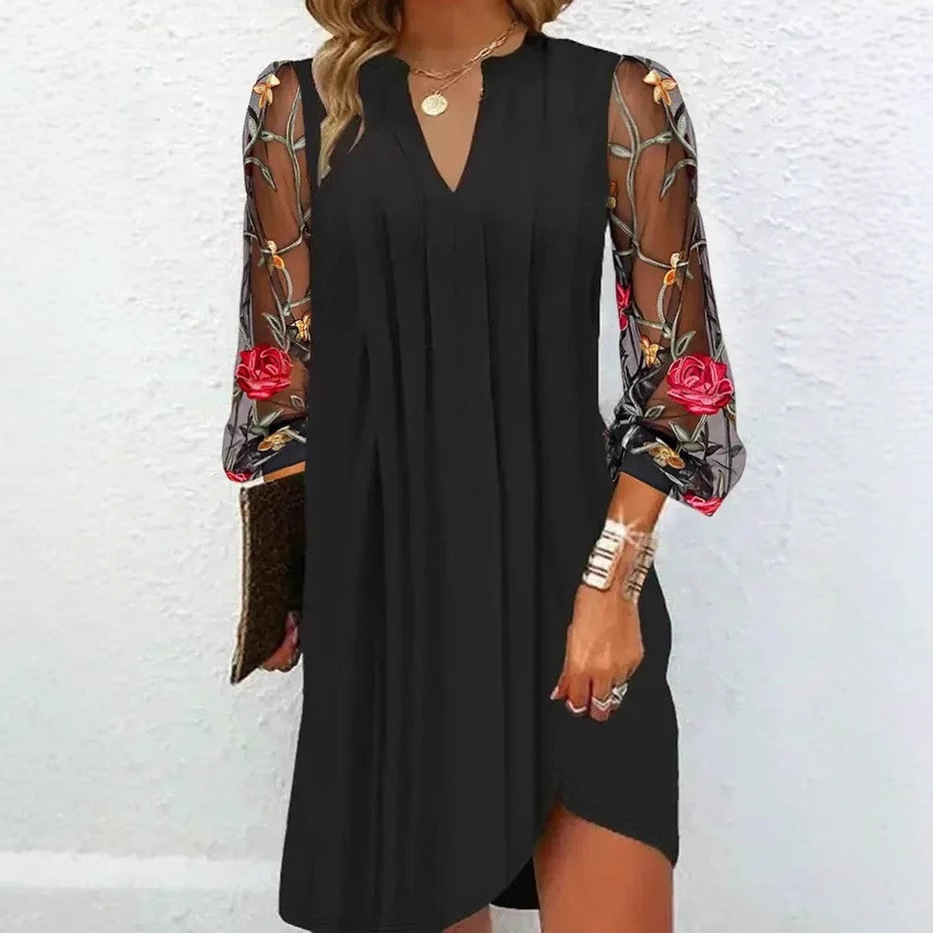 V-Neck Pleated Digital Print Midi Dress