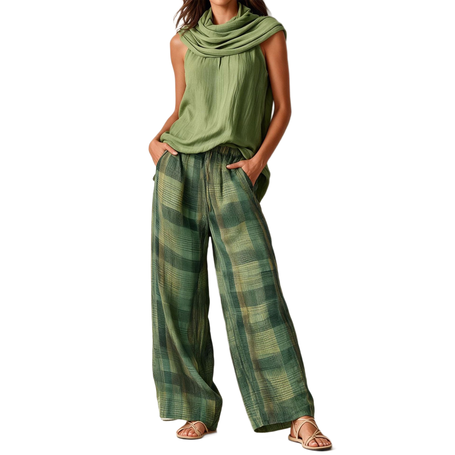 Women's Retro Sleeveless Top and Plaid Pants Set