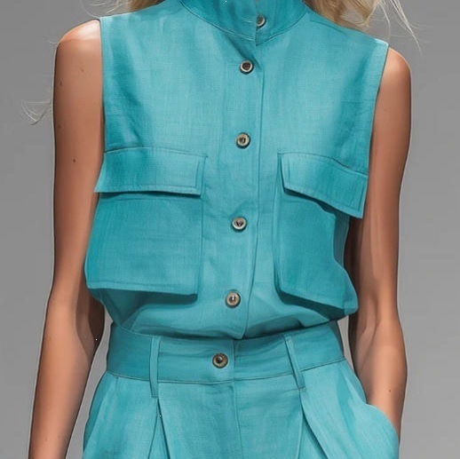 Women's Sleeveless Vest and Wide-Leg Pants Set Solid Color Two-Piece