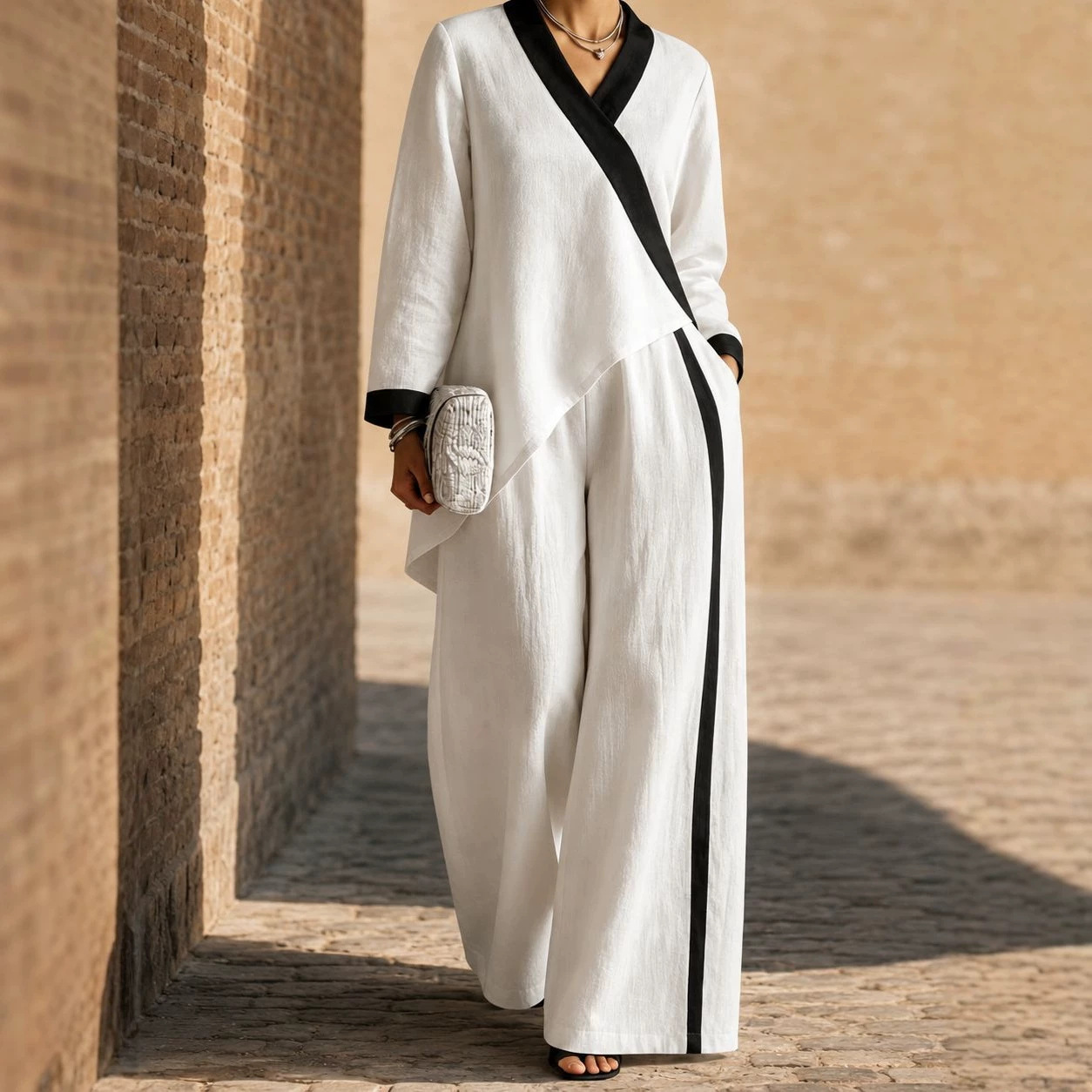 2026 Fall Cross-Border Hot-Selling European and American Women's Color-Block V-Neck Asymmetrical Top Wide-Leg Pants Loose Casual Set