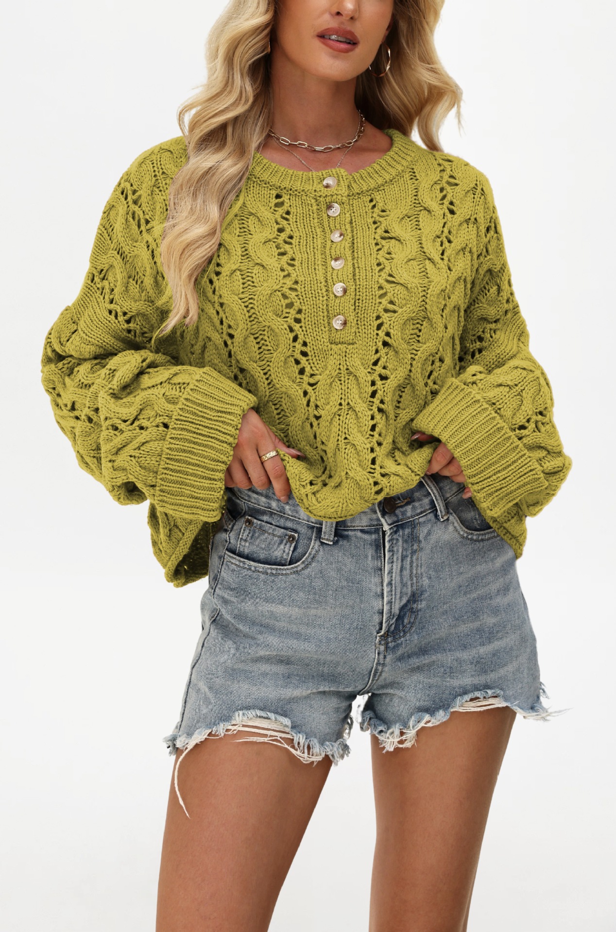 Button-Front Cable-Knit Sweater Loose Fit Solid Crew Neck Short Cardigan