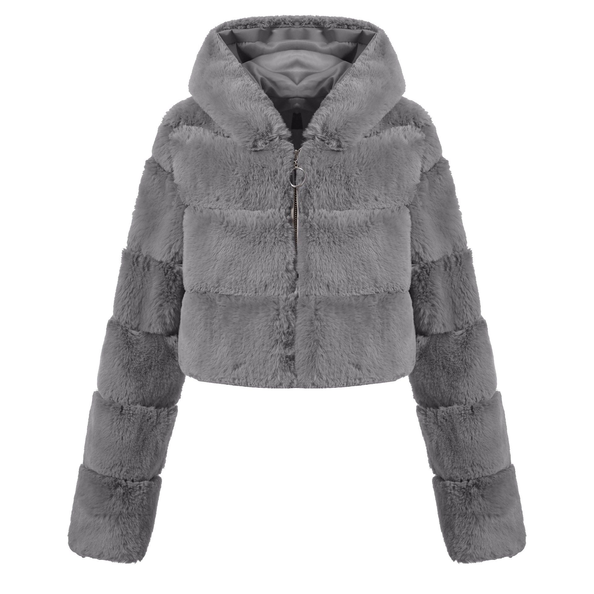 Faux Fur Short Coat with Hooded Collar