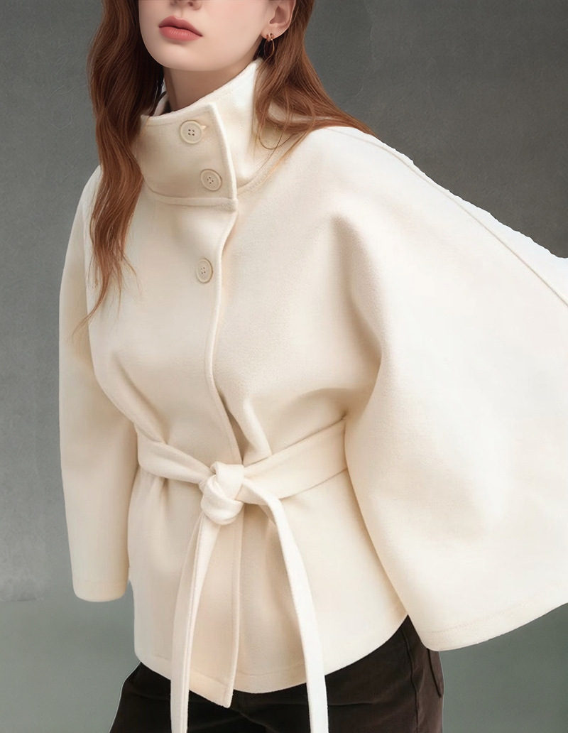 Women's Solid Color Wool-Blend Cape Coat with Stand Collar and Belt