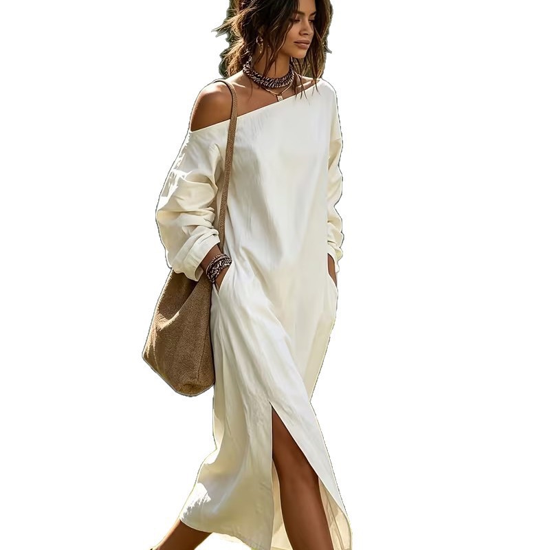 Boho Off-Shoulder Long-Sleeve Maxi Dress with Pockets