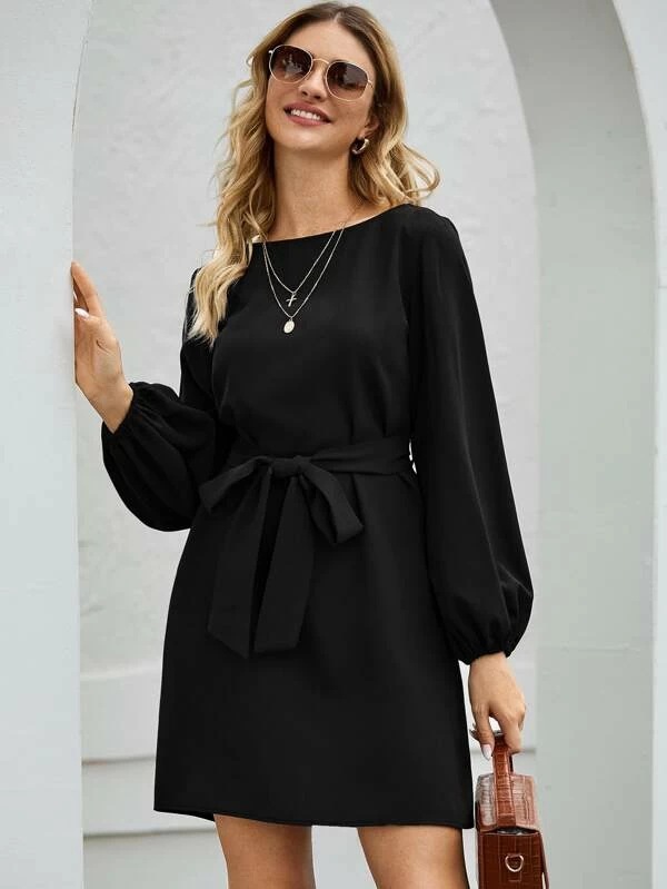 Solid Color Long Sleeve High Waist Midi Dress for Women