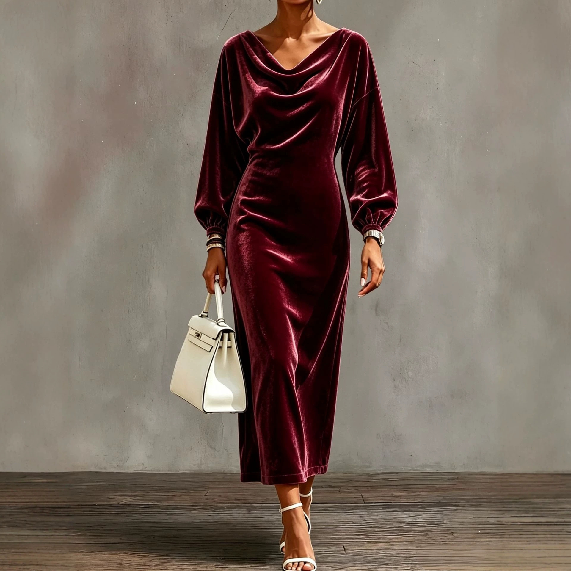 Solid Velvet Cowl Neck Slim Fit Long Sleeve Dress