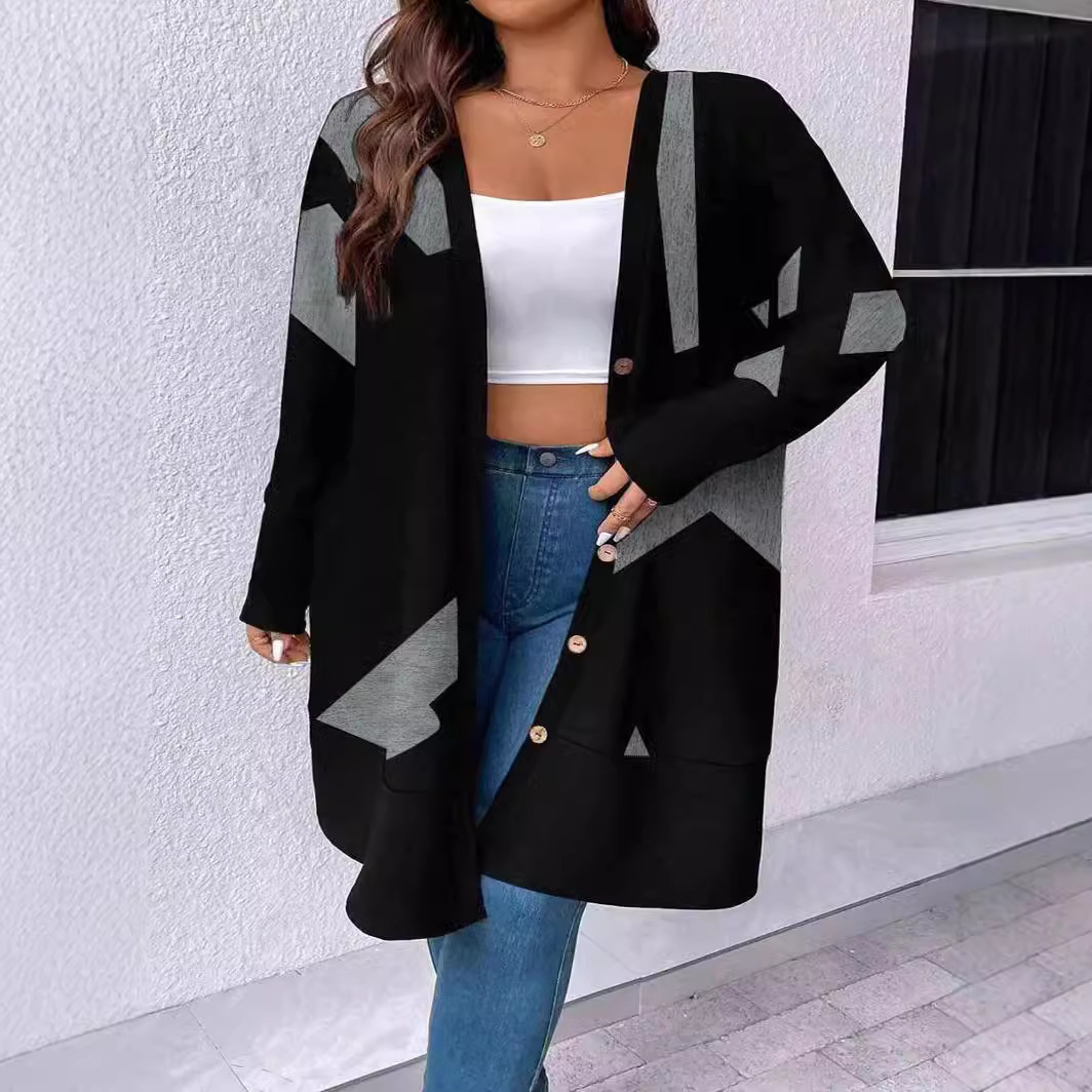 Women's Loose Knit Cardigan Button Print Patchwork Long Coat