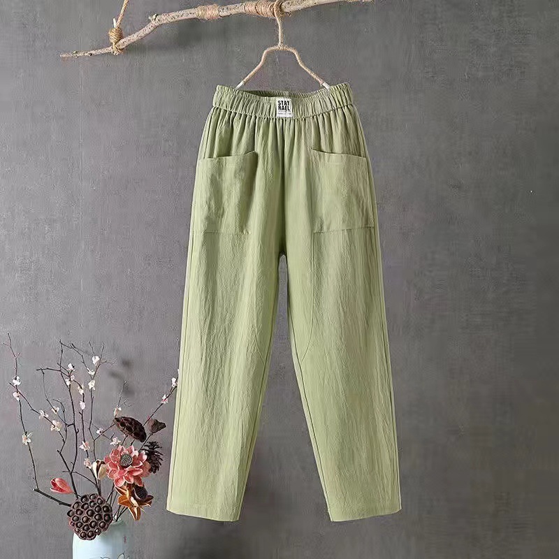 Women's Cotton Linen Straight-Leg Cropped Pants Casual Solid Color