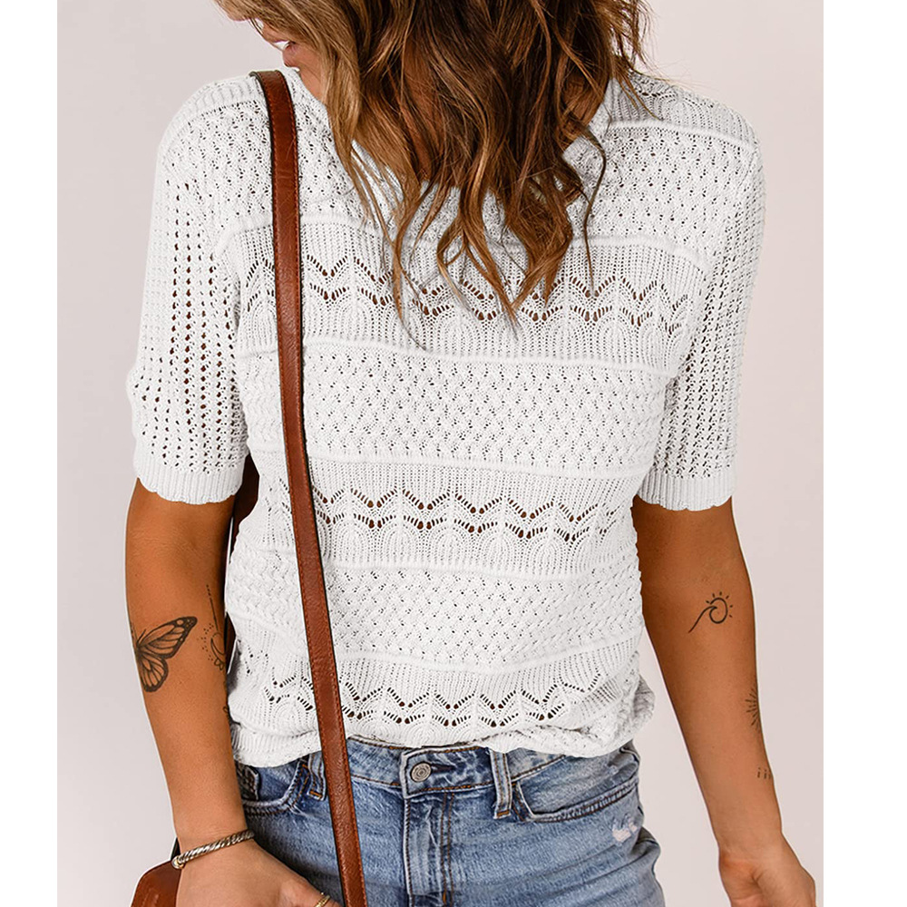 Women's Round Neck Hollow Out Short Sleeve Knit Sweater