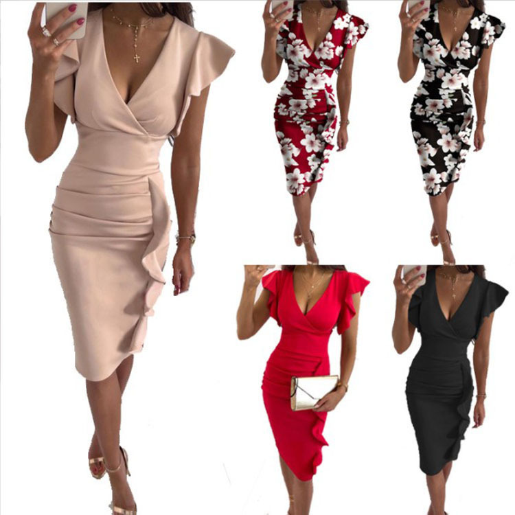 V-Neck Ruched Ruffle Bodycon Dress