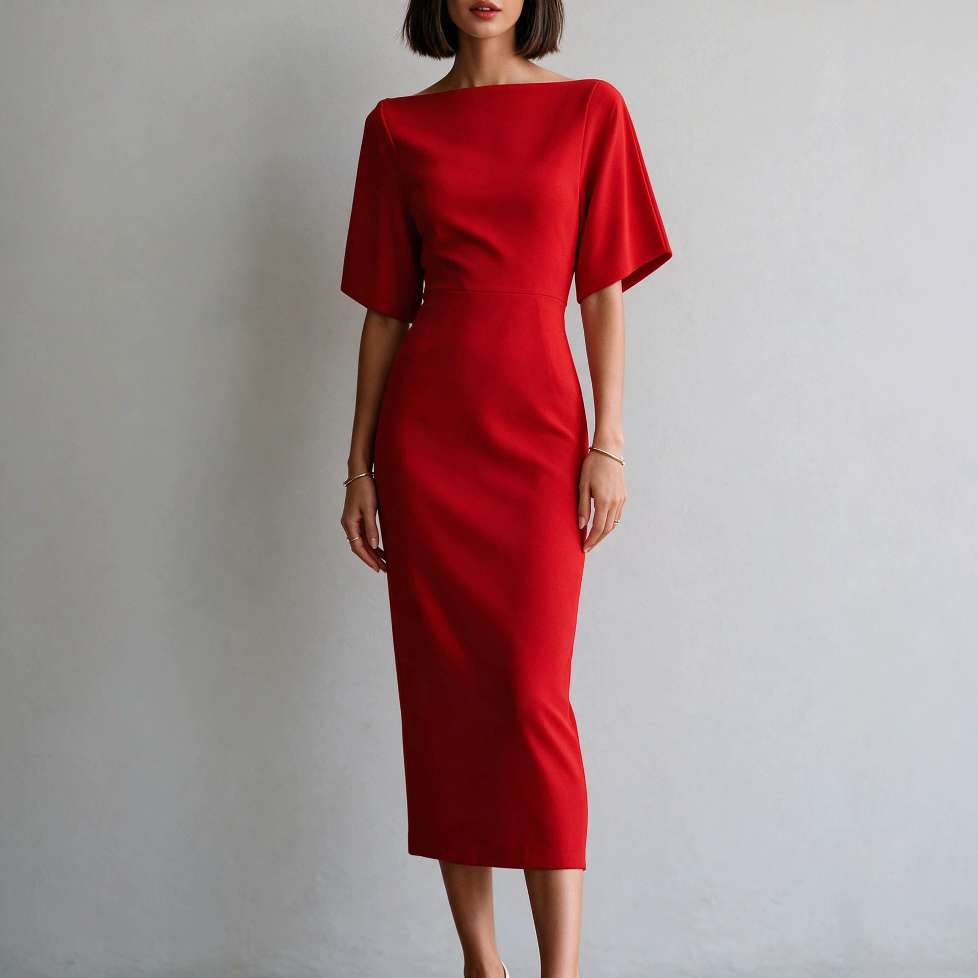 Elegant Waist-Cinching Slimming Midi Dress for Women