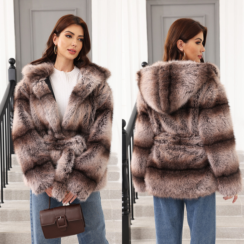 Women's Faux Fur Belted Hooded Coat Winter