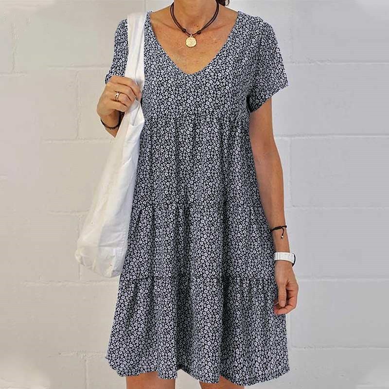V-Neck Slim Fit Short Sleeve A-Line Dress