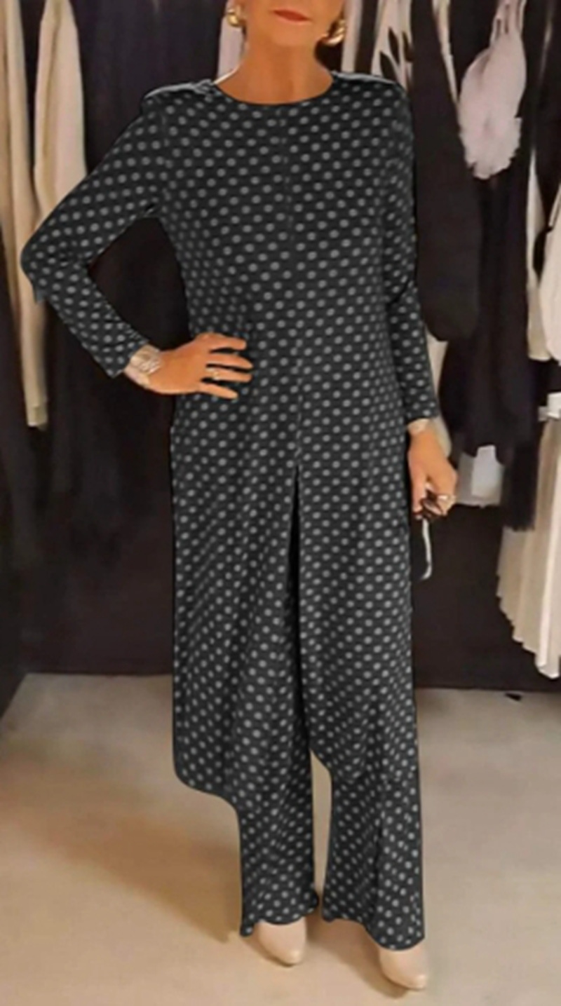 Women's Polka Dot Round Neck Slim Fit Slit Top Set