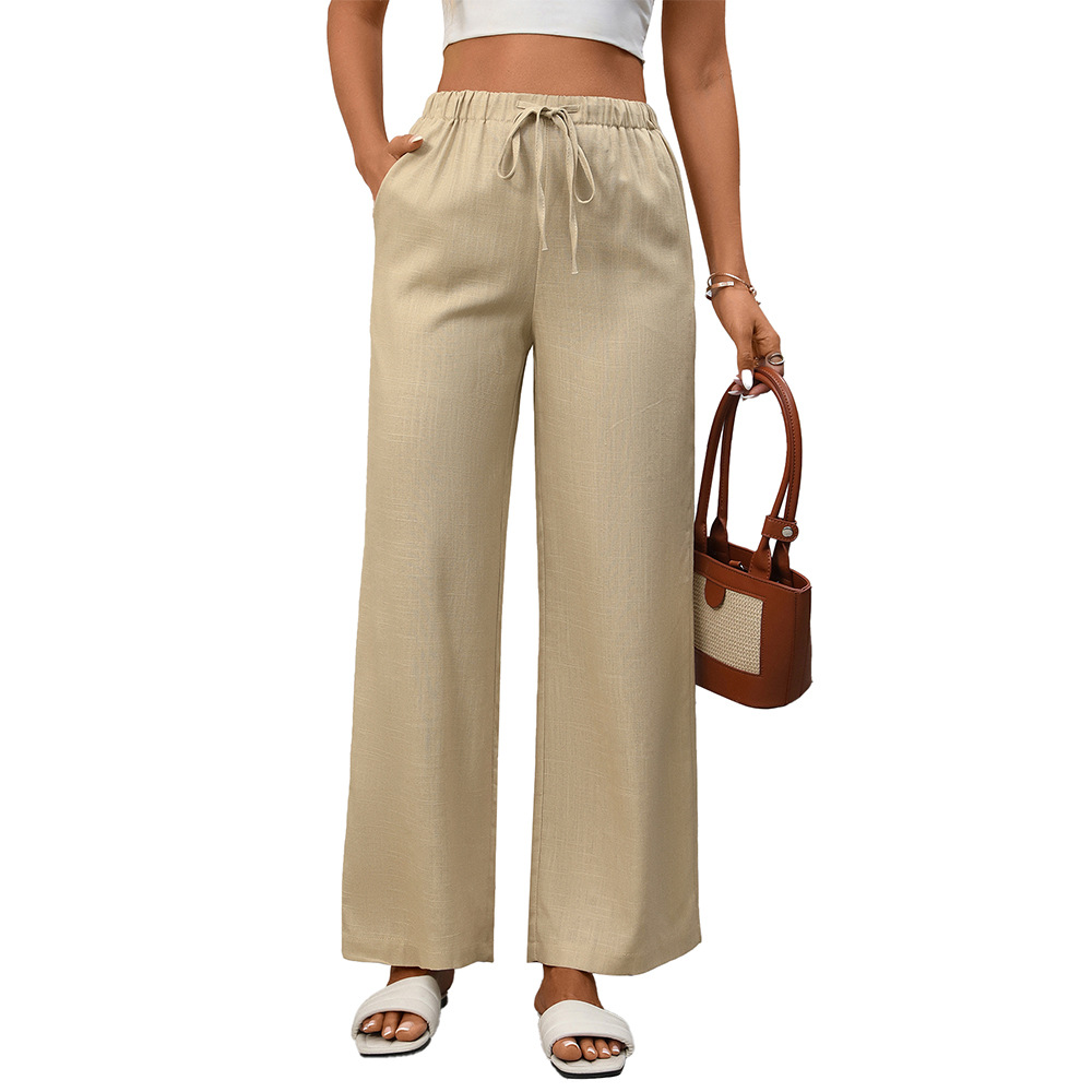 Women's Solid Color High-Waist Wide-Leg Cotton-Linen Pants