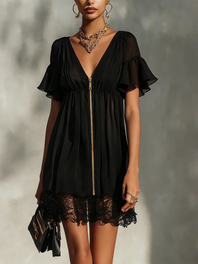 V-Neck Short Sleeve Zip Bell Sleeve Ruffle Solid Dress