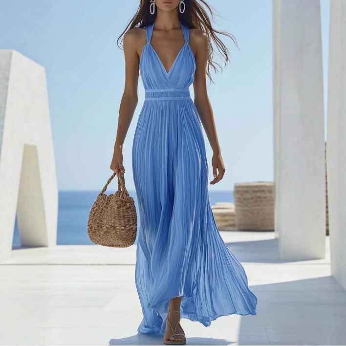 Light Blue Chiffon Long Dress with V-Neck and Ruched Details
