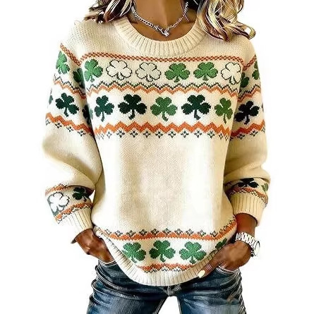 Women's Clover Print Crewneck Sweatshirt Casual Pullover