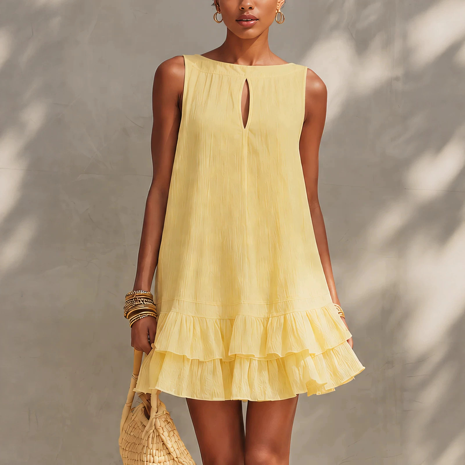 Light Yellow Textured Boat Neck Sleeveless A-Line Dress with Cutout and Double Ruffle
