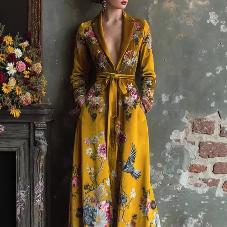 Women's Digital Print V-Neck Long Sleeve Tie-Waist Maxi Dress