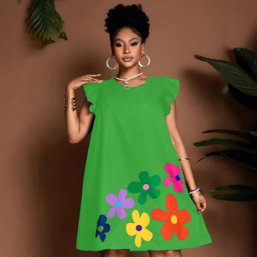 Women's Floral Print A-Line Dress with Round Neck and Ruffle Sleeves
