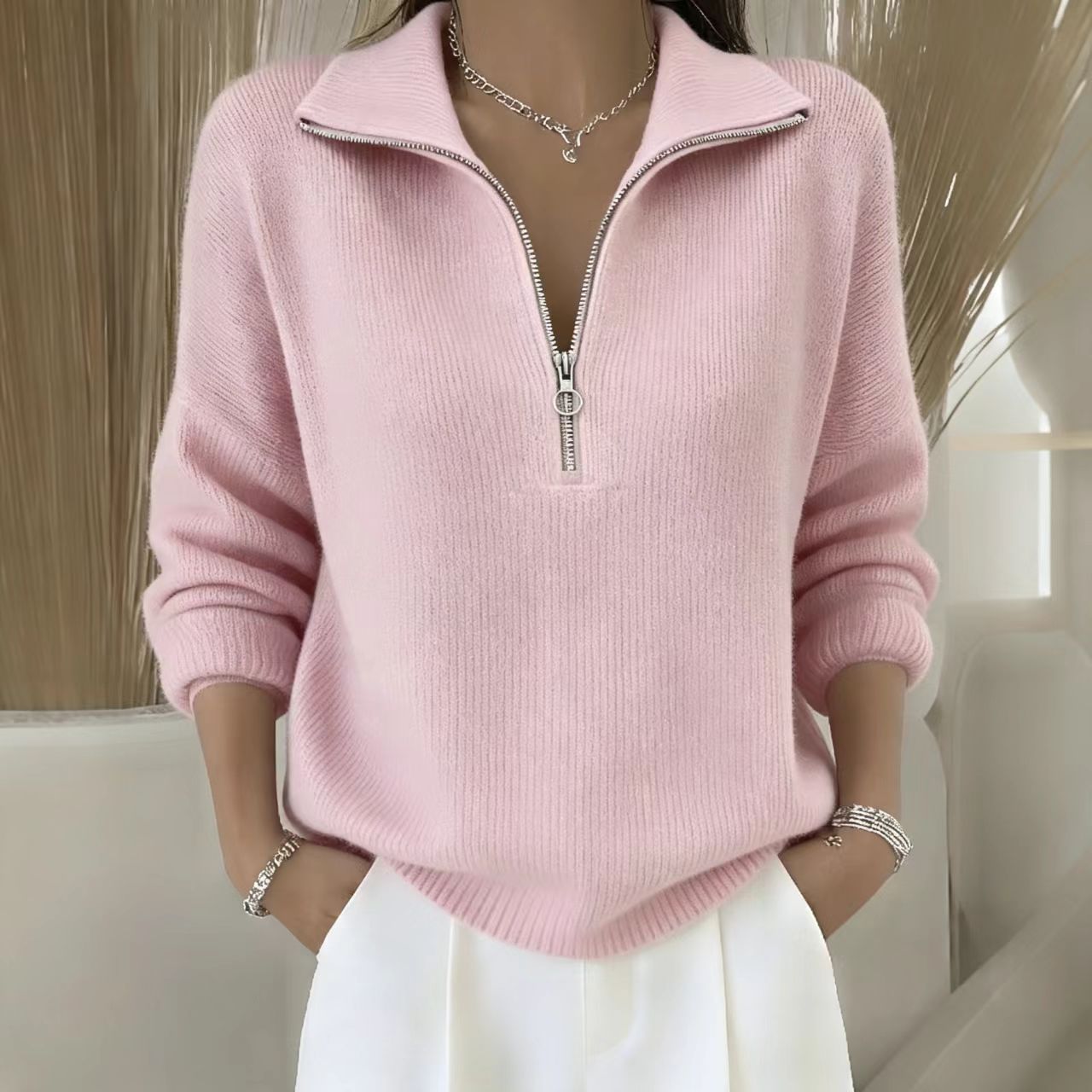 Loose Fit Long Sleeve Half-Zip Solid Knit Sweater