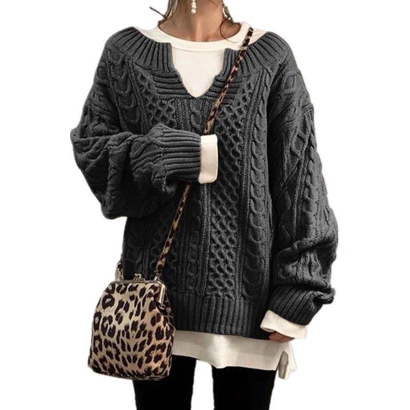 Women's Cable Knit V-Neck Sweater Loose Fit Long Sleeve Pullover
