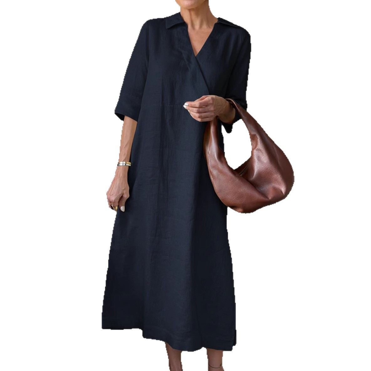 Women's Short Sleeve V-Neck A-Line Midi Dress Solid Color Loose Fit